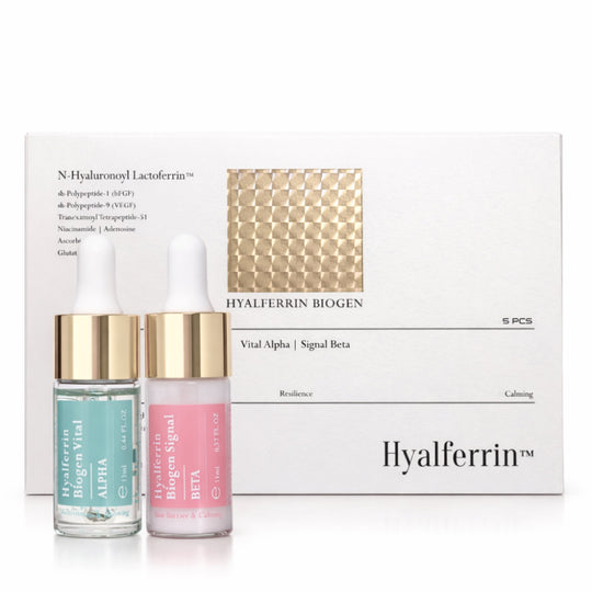 HYALFERRIN™ BIOGEN SIGNAL AMPOULE SET | Hochwirksames 2-Phasen Ampoule-Konzentrat mit Lactoferrin, bFGF, VEGF & Tranexamoyl Tetrapeptide-51 (tiefe Regeneration, Festigung & Faltenminderung bei reifer Haut)