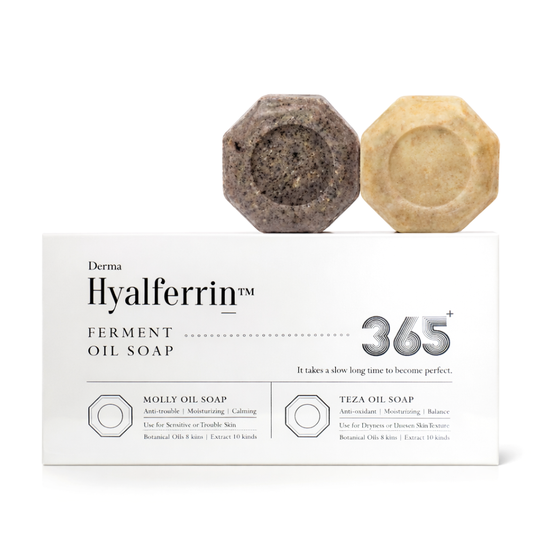 HYALFERRIN™ FERMENT OIL SOAP DUO | Saponi viso anti-età perfezionanti con Lactoferrin & oltre 20 fermenti vegetali (per l'uso mattutino e serale)