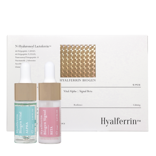 HYALFERRIN™ BIOGEN SIGNAL AMPOULE SET <br> Hochwirksames 2-Phasen Ampoule-Konzentrat mit Lactoferrin, bFGF, VEGF & Tranexamoyl Tetrapeptide-51 (tiefe Regeneration, Festigung & Faltenminderung bei reifer Haut)